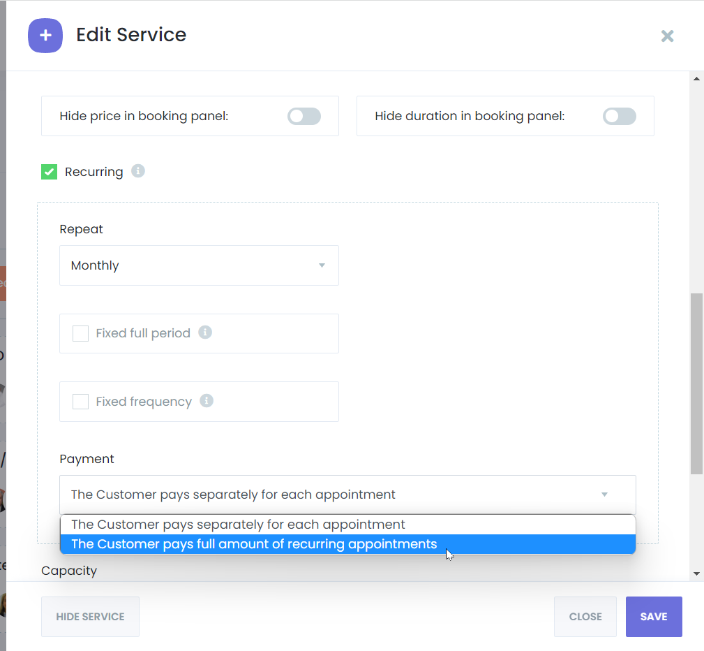 Recurring Appointments Payment Options