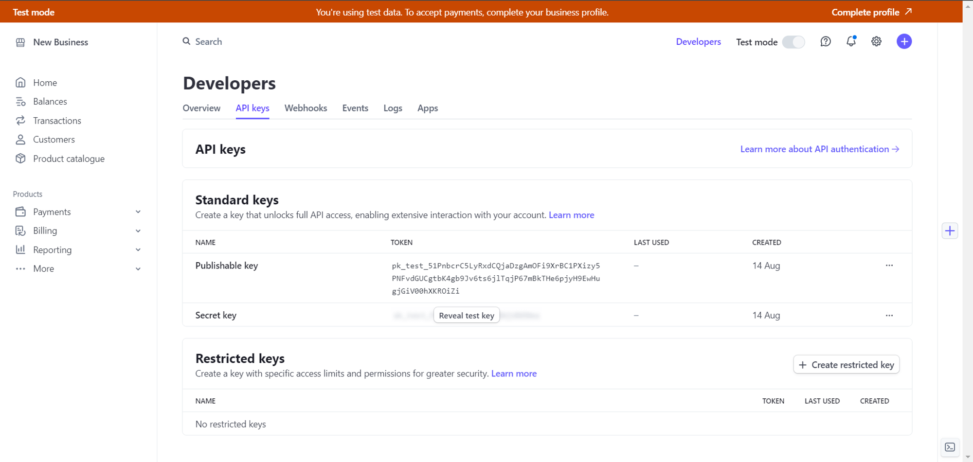 Test API Anahtarları